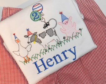 Personalized Boys Farm Animal Birthday Outfit or Shirt, Gingham Barn Animal Birthday Party Monogrammed Shirt