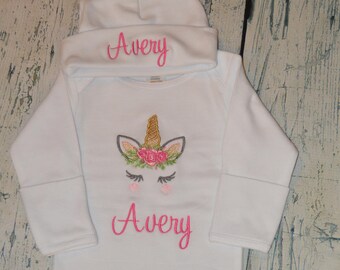 Monogrammed Unicorn Baby Gown or Bodysuit - Create your Set - Personalized Newborn Girl Gown with Mittens