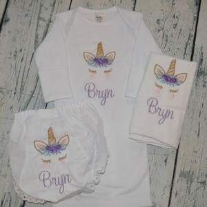Monogrammed Baby Girls Unicorn Coming Home Outfit, Personalized Newborn Gown, Monogrammed Baby Girl Set, Baby Gown with Name