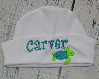 Monogrammed Sea Turtle Newborn Beanie Cap, Monogrammed Infant Hat,  Nautical Cap You Choose Color and Mini Design