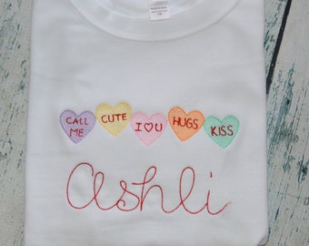 Personalized Candy Heart Girls Valentines Shirt, Baby Girl Valentines Bodysuit,  Valentines Shirt with Name