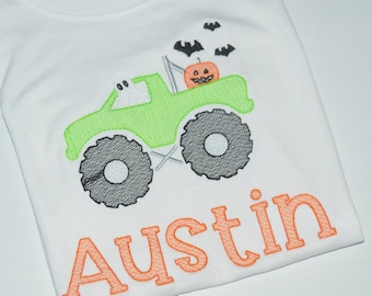 Halloween Monster Truck Shirt Personalized, Monogrammed Boys Tee Name  Ghost Driving Truck Shirt