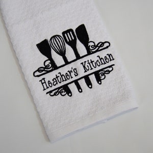 Personalized Dish towel  with Kitchen Utensils,  Embroidered Towel with Name, Kitchen Decor, Monogrammed Tea Towel