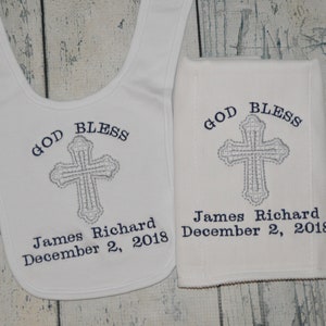 Monogrammed Baptism Bib or Burp Cloth, Personalized Christening Bib, Baby Cross Bib