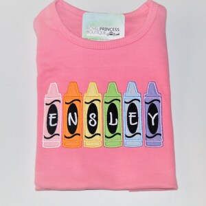 Girls Crayon Back to School Shirt, Personalized First Day of school Pink Shirt