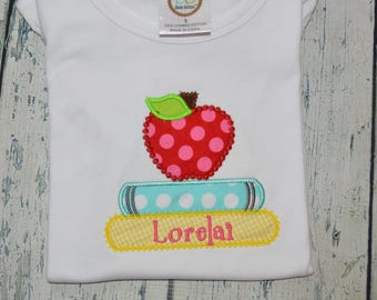 Personalized Girls Back To School Shirt, First Day of School Shirt,  Girls Book and Apple School Shirt Monogrammed