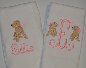 Personalized Girls Puppy Dog Burp Cloth Set of 2