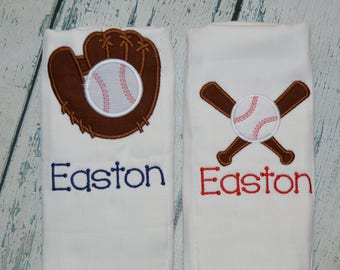 Monogrammed Baseball Boys Burp Cloths,  Glove and Bat Burpcloth Set of 2 Burp Cloths