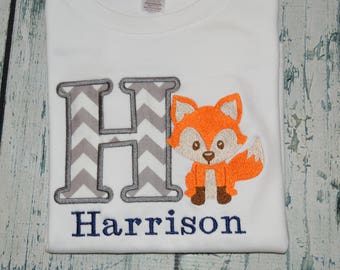 Monogrammed Fox Shirt or Bodysuit, Personalized Fox Tee, Boys or Girls Monogrammed Shirt