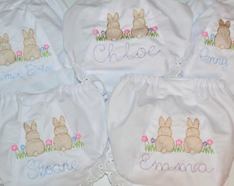 Personalized Easter Baby Bloomers, Bunnies in Grass Bloomers,  Monogrammed Girls Diaper Cover, Bunny and Egg Monogram Easter Bloomers