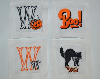 Personalized Halloween Linen Cocktail Napkins, Monogram Spooky Beverage Napkins, Hemstitched Linen Embroidered Cocktail Napkins
