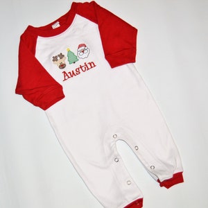 Baby Boy Christmas Romper Personalized, Monogrammed Santa Christmas Tree and Reindeer Outfit, Personalized Baby Sleeper