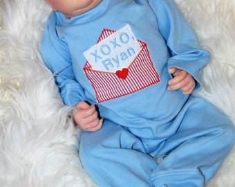 Personalized First Valentines Day One Piece Romper Outfit, Monogrammed Baby Boy Love Letter XOXO Outfit