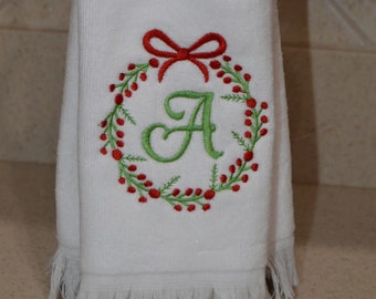 Personalized Christmas Fingertip Towel -Berry Wreath Bathroom Hand towels