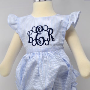 Monogrammed Baby Blue Seersucker Ruffle Bottom Bubble, Girls Romper Personalized, Ruffle Sun Suit