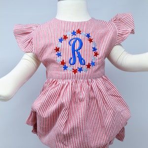 Monogrammed Patriotic Seersucker Sunsuit for Girls with a ruffle bottom, Personalized July 4th Baby Girls Outfit