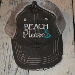 Beach Please Distressed Trucker Hat, Womens Hat, Beach Hat, Embroidered Hat