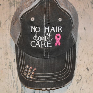No Hair don&#39;t Care Distressed Trucker Hat, Womens Hat, Summer Hat, Embroidered Hat, Cancer Ribbon Hat