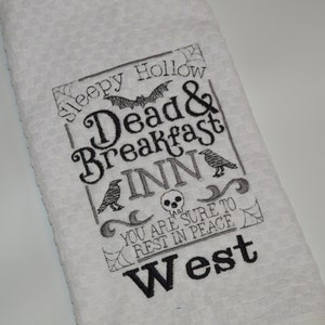 Funny Halloween Personalized Family Kitchen Dishtowel, Dead and Breakfast Inn Custom Embroidered Family Name Towel
