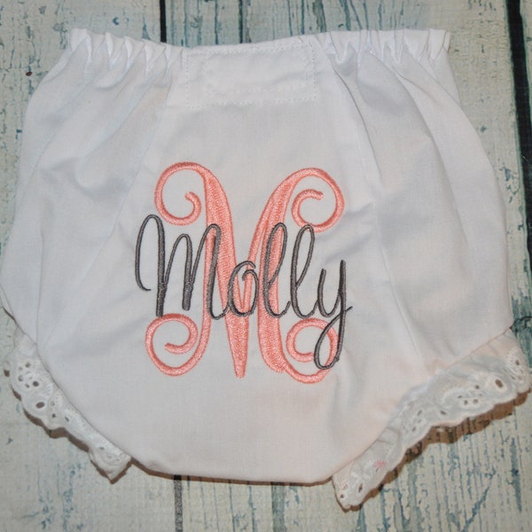 Personalized Baby Bloomers, Baby girl Diaper Cover, Embroidered Bloomer with Name,   large script initial with first name across