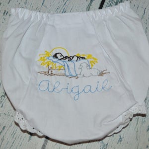 Monogram Christmas  Manger Bloomers, Monogrammed Baby Jesus Baby Bloomers, Baby Girl Diaper Cover, Vintage Stitch Angel Bloomers