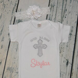 Monogrammed Girls Baptism Outfit and Headband Set,  God Bless with Cross Christening Party Outfit