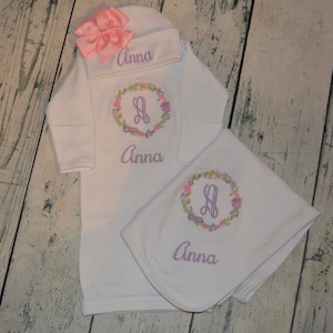 Newborn Baby Girl Outfit, Baby Girl Personalized Gown set, Girls Flower Embroidered Outfit, Create your own set, Monogrammed Newborn girl