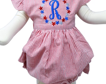 Monogrammed Patriotic Seersucker Sunsuit for Girls with a ruffle bottom, Personalized July 4th Baby Girls Outfit