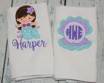 Personalized Mermaid Baby Girl Burp Cloth Set, Clam Shell with Pearl Monogram and Mermaid Burp Cloth Set of 2 Girls Burpies