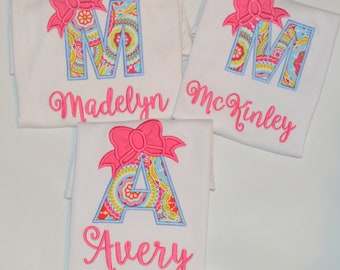 Personalized Girls Shirt, Monogrammed Initial with Bow, Girls applique Shirt, Monogram Girls Shirt