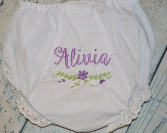 Personalized Baby Bloomers with Flowers, Monogram Embroidered Baby Bloomer with Floral Border, Flower Baby Girl Bloomers