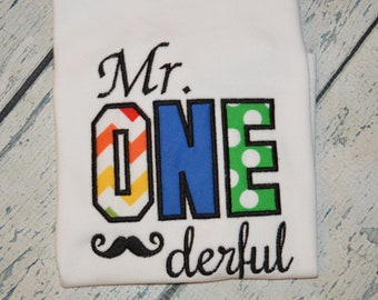 Mr ONE derful Birthday Shirt or bodysuit,  First Birthday Wonderful with Mustache, Boys 1st Birthday Shirt