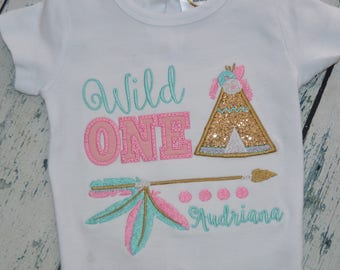 PERSONALIZED Sparkley Wild One Tribal Birthday Shirt   First Birthday Arrow Flower Glitter Teepee and Feather Arrow Shirt