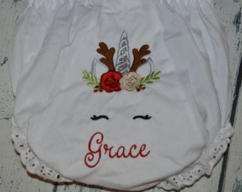 Christmas Unicorn Baby Bloomer Monogrammed, Personalized Reindeer Unicorn Diaper Cover