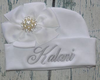 Personalized Newborn Girl Hat with Bow and Rhinestone Center - Monogrammed Infant Beanie Cap, White and Silver Baby Hat