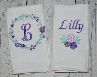 Personalized Baby Girl Burp cloth Set of 2, Flower Burp Cloths,  Burpies for Girls Flower Monogram Burp Cloth