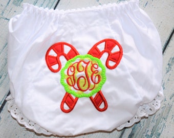 Christmas Candy Cane Monogrammed Baby Bloomers, Baby Bloomers, Monogrammed baby bloomers, personalized Christmas bloomers, diaper cover