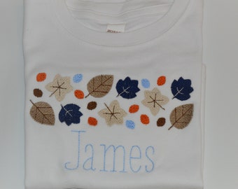 Personalized Boys Embroidered Fall Leaves Shirt, Baby Boys Bodysuit