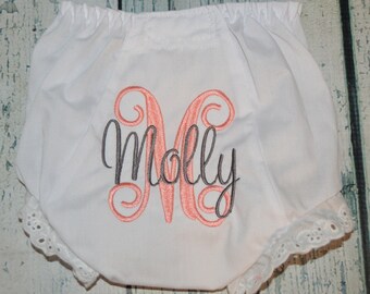 Personalized Baby Bloomers, Baby girl Diaper Cover, Embroidered Bloomer with Name,   large script initial with first name across