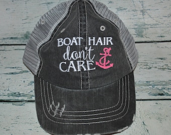Boat Hair don't Care Distressed Trucker Hat, Womens Hat, Beach Hat, Embroidered Hat