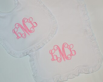 Personalized White Baby Girl Ruffle Bib and/or Burp Cloth  Quick Ship