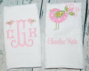 Monogrammed Baby Girl Burp Cloth Set of 2, Bird Newborn Girl Personalized Burp Cloths