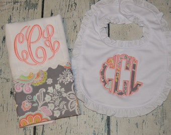 Personalized Girls Ruffle Bib and Burp Cloth set,  Grey & Coral Girls Monogram Bib and Burpcloth Set