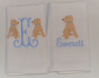 Personalized  Boys Puppy Dog Burp Cloth Set of 2