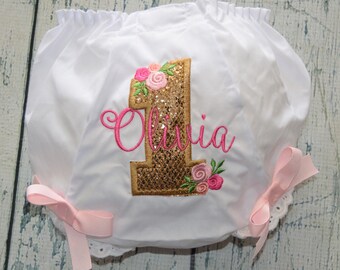 1st Birthday Rose Sparkle Baby Bloomers, Monogrammed Glitter Flower Birthday Bloomers, Personalized Girls Diaper Cover