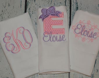 Personalized Monogram Burp cloth Set of 3  Burpies for Girls, Initial Bow Scroll and two tone monogram Burp Cloth