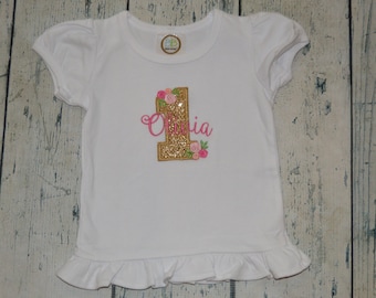Rose and Gold Number Birthday Shirt, Personalized Flower Birthday Dress, 1st  Birthday, Girls Monogram Birthday Outfit