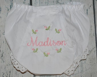 Monogram Baby Bloomers, Rosebud Baby Girl Bloomers, Rose Bud Baby Bloomers, Girls Diaper Cover Personalized Baby Bloomer