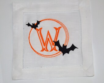 Personalized Halloween Bat Linen Cocktail Napkins, Monogram Spooky Beverage Napkins, Hemstitched Linen Embroidered Cocktail Napkins
