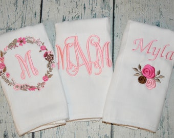 Personalized Girls Flower Burp cloth Set of 3,  Burpies for Girls Flower Monogram Burp Cloth